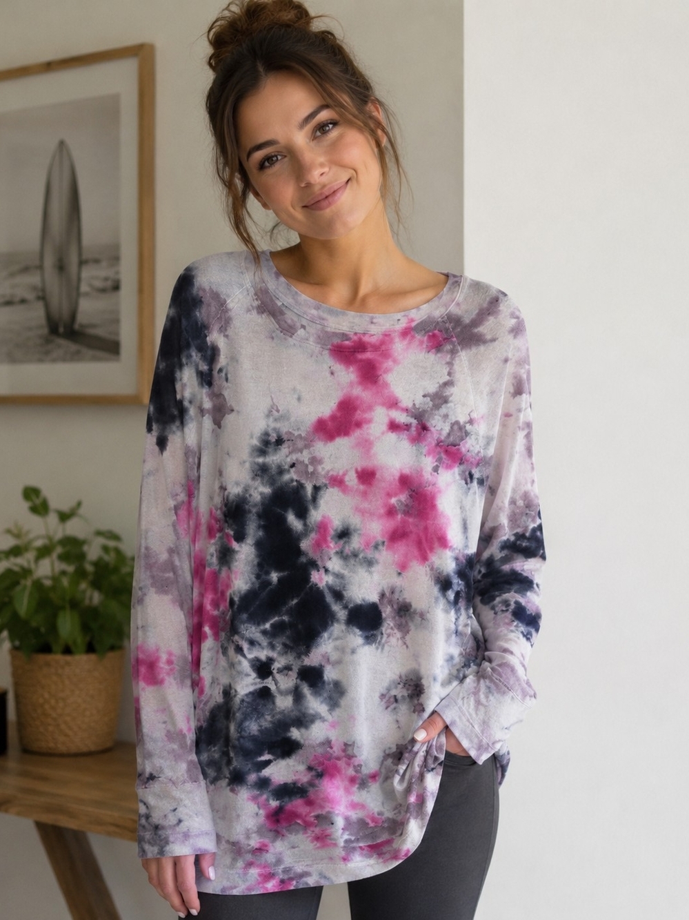 We The Free Relaxed Tie-Dye Long Sleeve Top in Pink, Black & Gray
